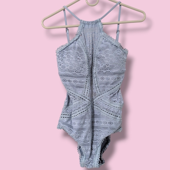 Becca Periwinkle Blue Crochet Open Knit High Neck Open Back One Piece Swimsuit - Picture 2 of 9